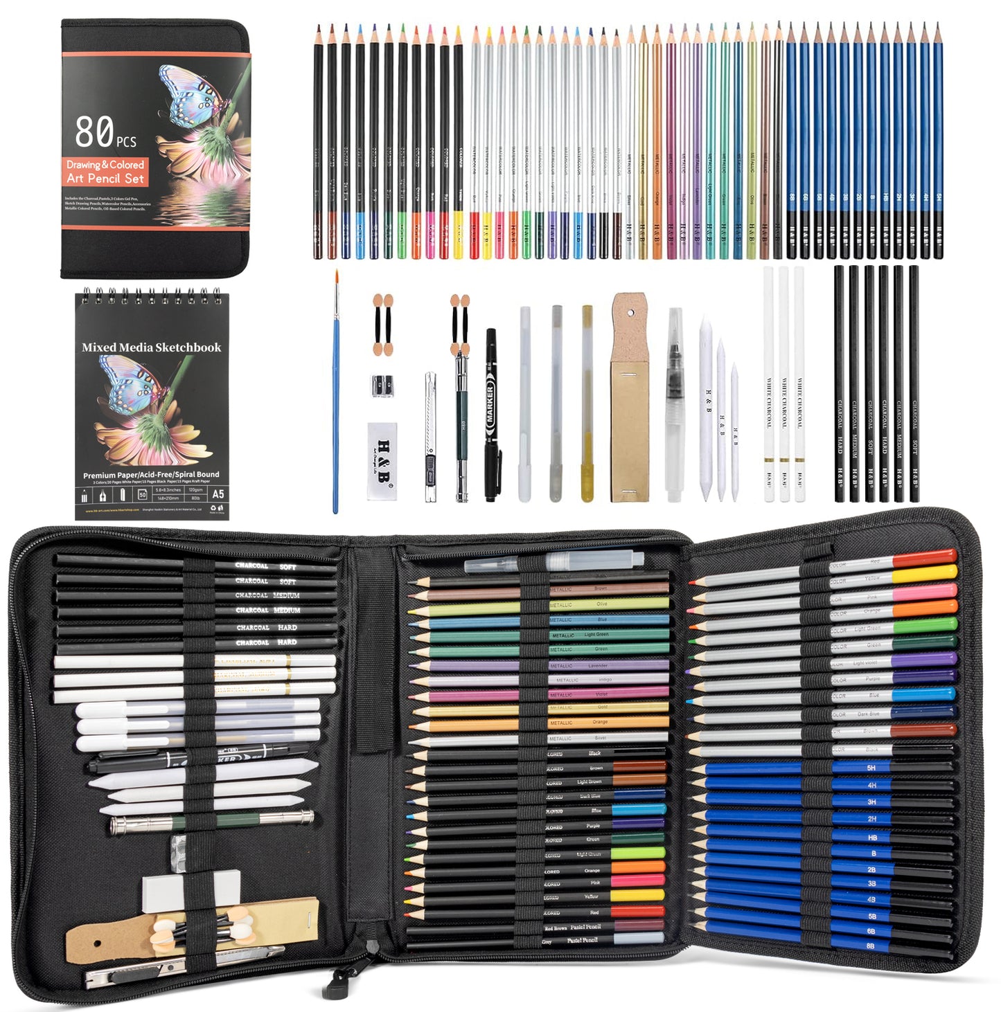 H&B 80-Pack Color Pencil Drawing Set and Art Supplies Kit For Kids - Product Close-Up Detail