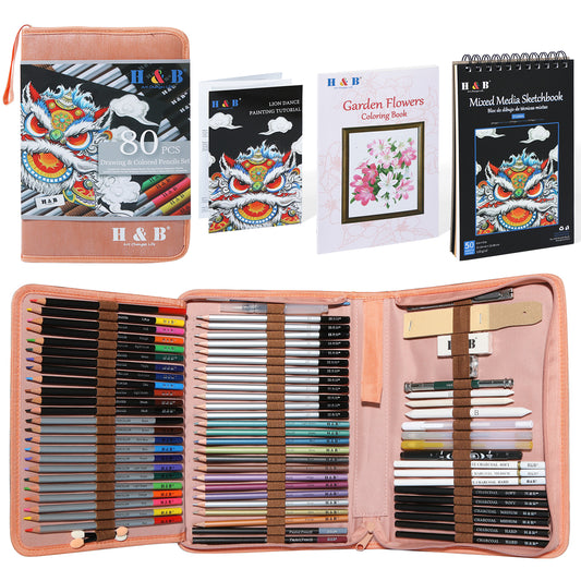 H&B 80-Pack Color Pencil Drawing Set and Art Supplies Kit For Kids