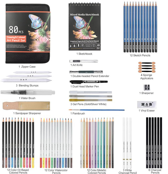 H&B 80-Pack Color Pencil Drawing Set and Art Supplies Kit For Kids - Product Detail View