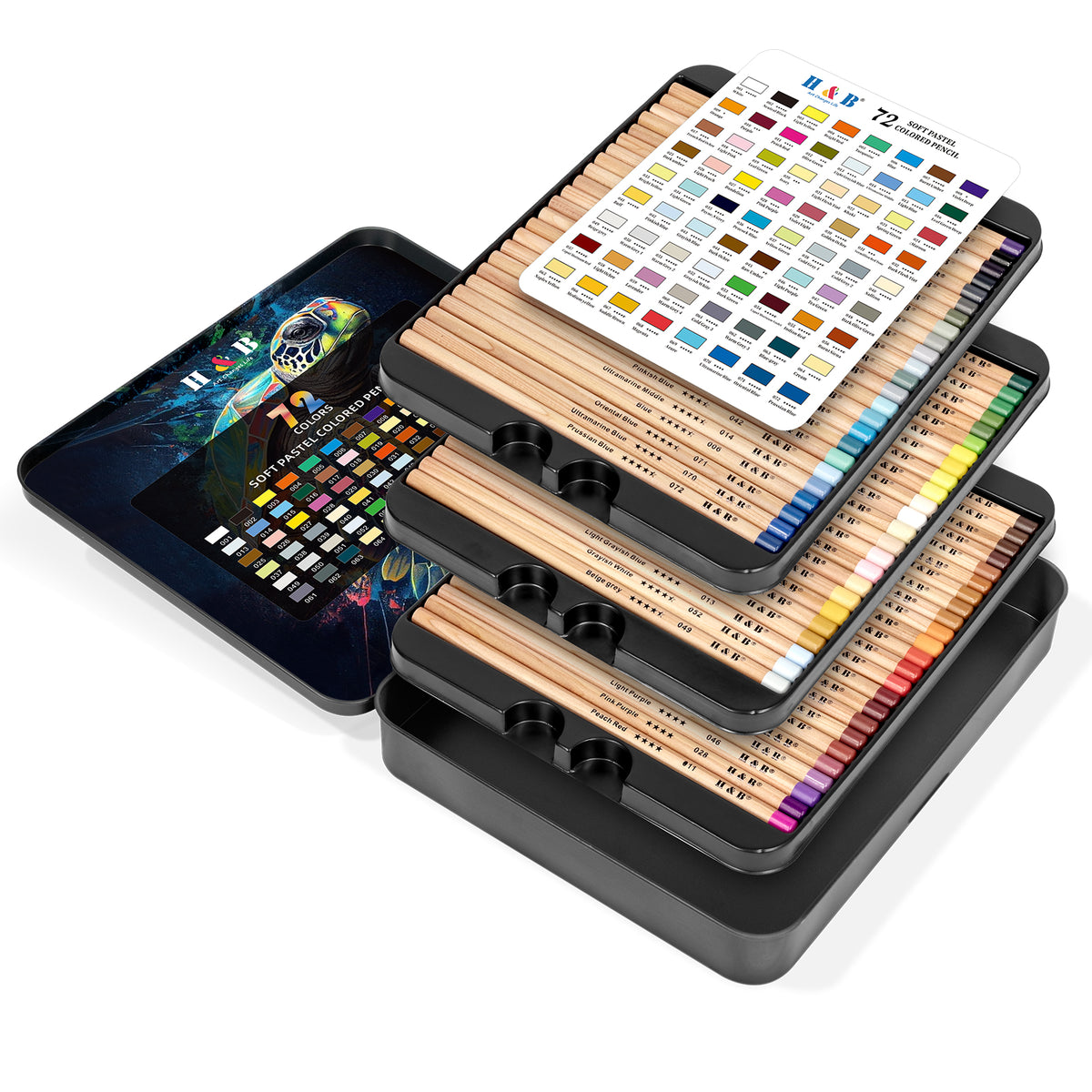 Pasteltint pencil set with layered tin tray and reference color chart
