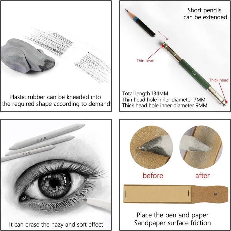 H&B 48 Pcs Drawing Pencils Kit, Sketch Pencils Set - Product Size Reference