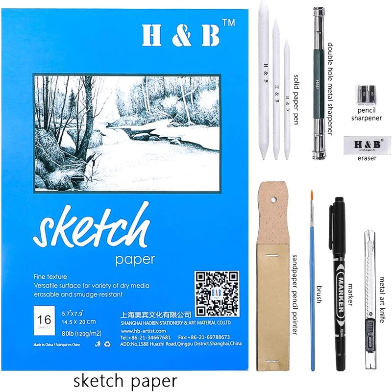 H&B 51pcs/set Professional Drawing Kit Sketching Pencils Art Painting  Supplies with Carrying Bag 