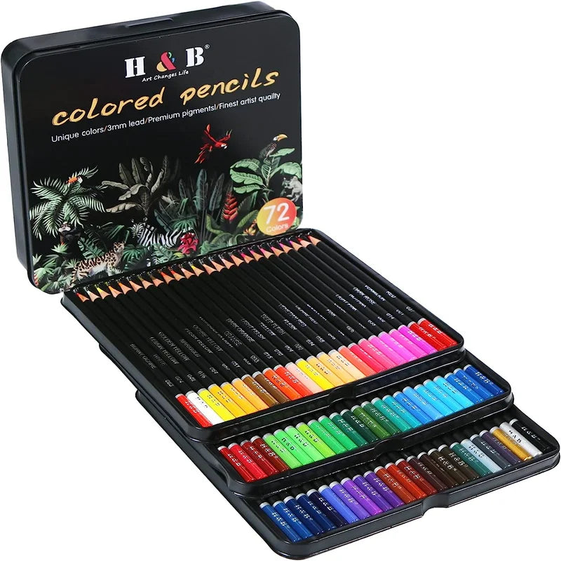 H&B 72 120 180 Tin Box Oil-Based Color Pencil Set - Product Packaging & Contents