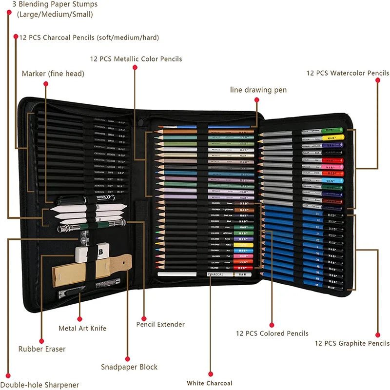 H&B 72 Drawing & Art Supplies Kit, Colored Sketching Pencils Set - Product Detail View