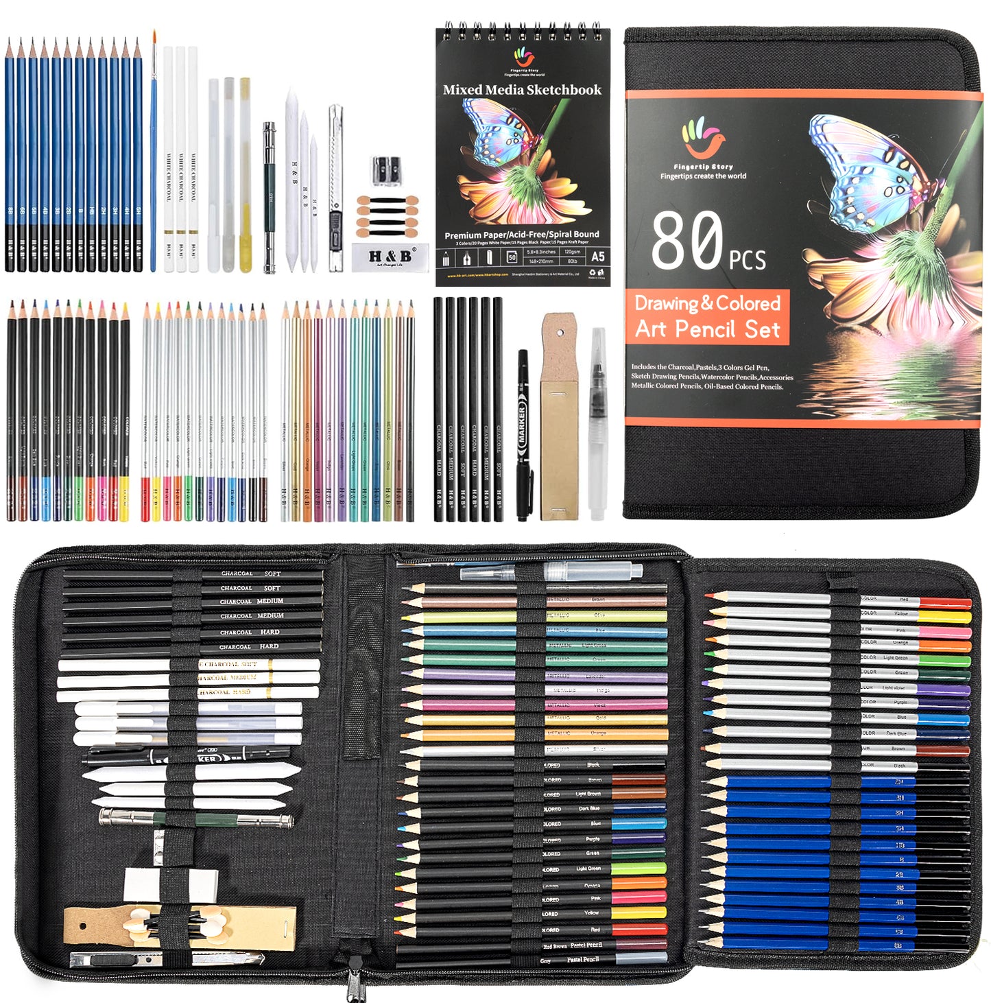 H&B 80 Pack Color Pencil Drawing Set Art Supplies Kit for Kids