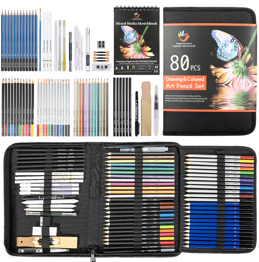 H&B 80 Pack Color Pencil Drawing Set Art Supplies Kit for Kids
