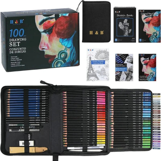 H&B 100 Pcs Art Supplies Drawing Colored Pencils Kit Complete Set