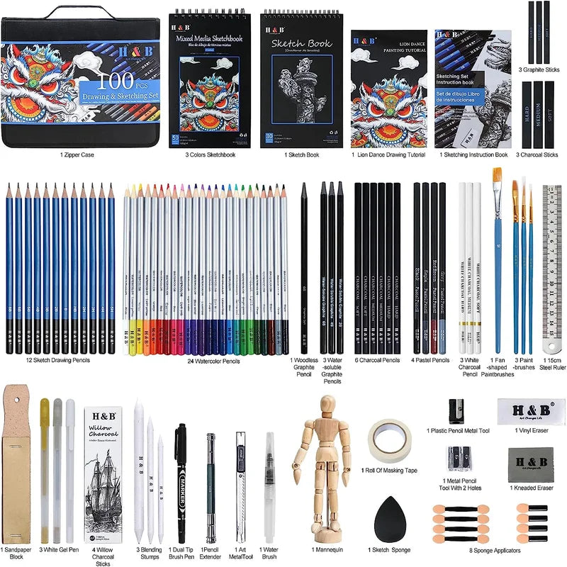 H&B 100 Professional Colored Pencils Sketch Set - Product Detail View