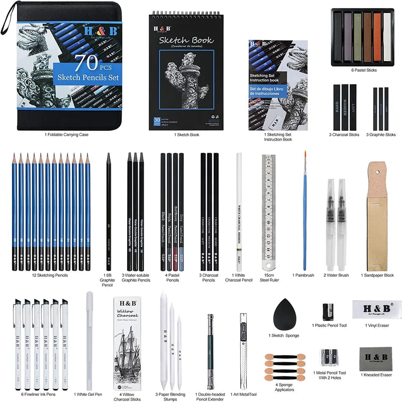 H&B 70 Pcs Sketching Pencil Set with Sketchbook - Product Detail View