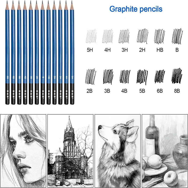 H&B 70 Pcs Sketching Pencil Set with Sketchbook - Product Packaging & Contents