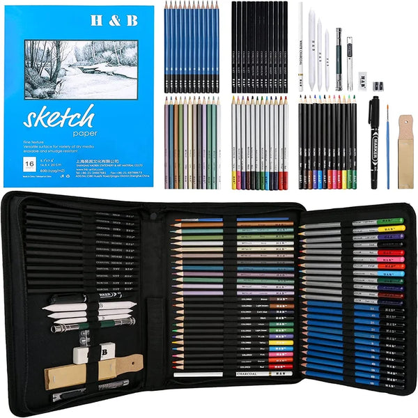 H&B 72 Drawing Art Supplies Kit Colored Sketching Pencils Set