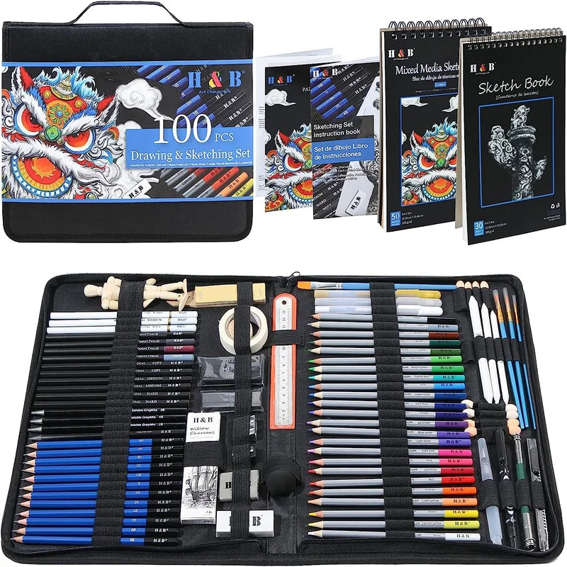  H & B 76 Colored Pencils & Sketchbook Drawing Kit