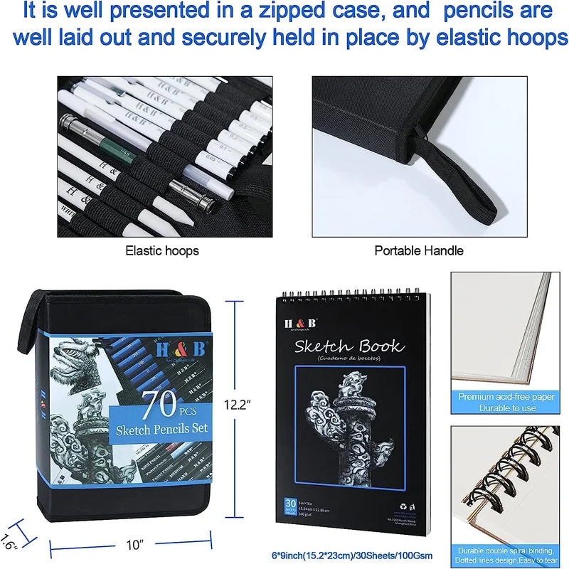 H&B 70 Pcs Sketching Pencil Set with Sketchbook - Product Lifestyle Scene