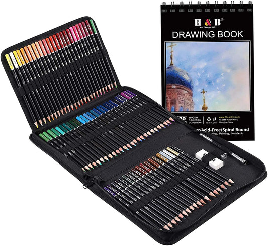 H&B 76 Colored Pencils Sketchbook Drawing Kit Complete Set