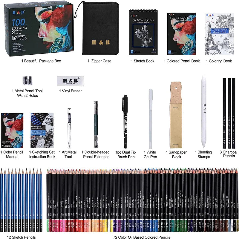 H & B Sketch Pad and Pencil Set 100 pcs Sketching Pencils Set with