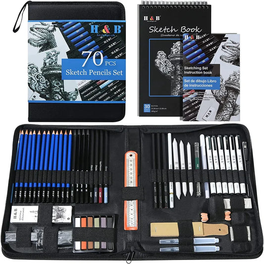 H&B 70 Pcs Sketching Pencil Set with Sketchbook Drawing Kit
