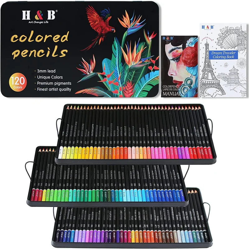 H&B 72 120 180 Tin Box Oil-Based Color Pencil Set - Product Detail View