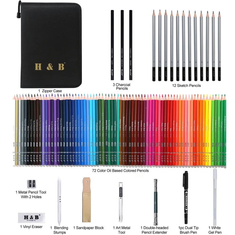 H&B 98 Professional Oil-Based Drawing Colored Pencils Kit - Product Detail View