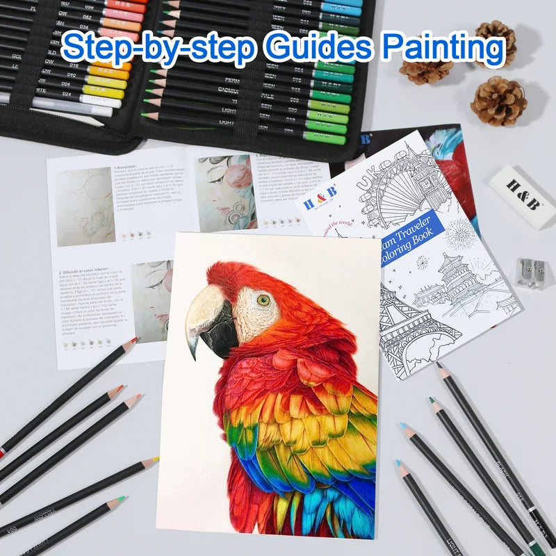 H&B 98 Professional Oil-Based Drawing Colored Pencils Kit - Product Packaging & Contents