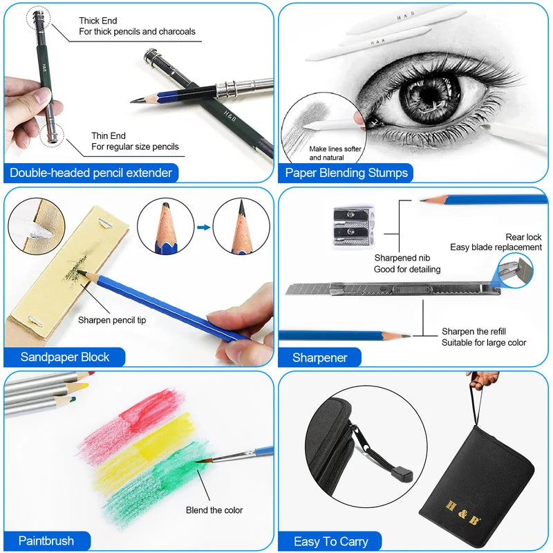 H&B 98 Professional Oil-Based Drawing Colored Pencils Kit - Product Size Reference